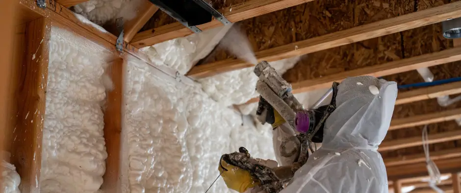 man spraying foam insulation in attic