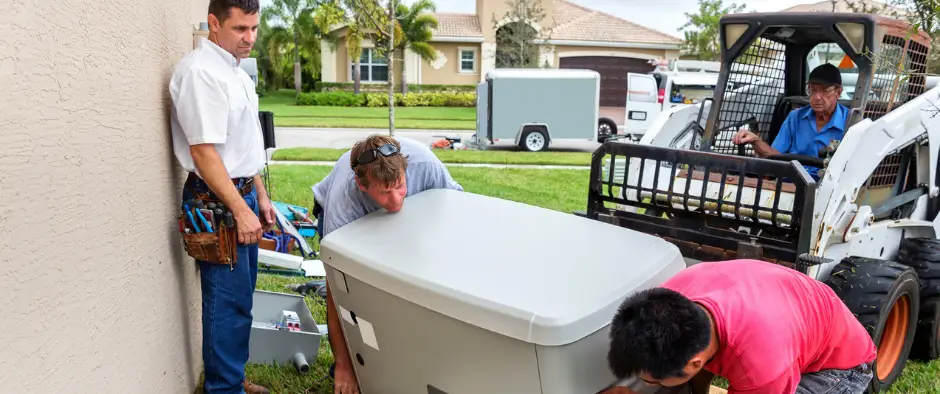 group of four men installing a whole home generator on the side of a home