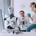 office with human workers and AI voice assistants for home services taking on most of the work