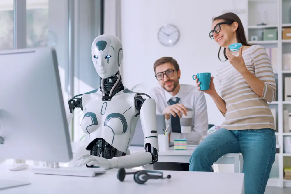 office with human workers and AI voice assistants for home services taking on most of the work