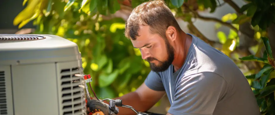 man installing a new air conditioner condenser outside of a home