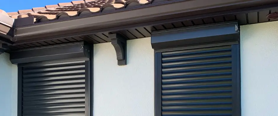 closed hurricane shutters on a typical Florida home