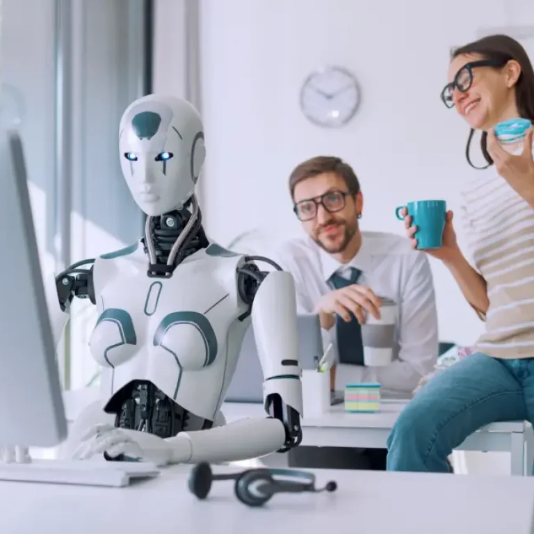 office with human workers and AI voice assistants for home services taking on most of the work